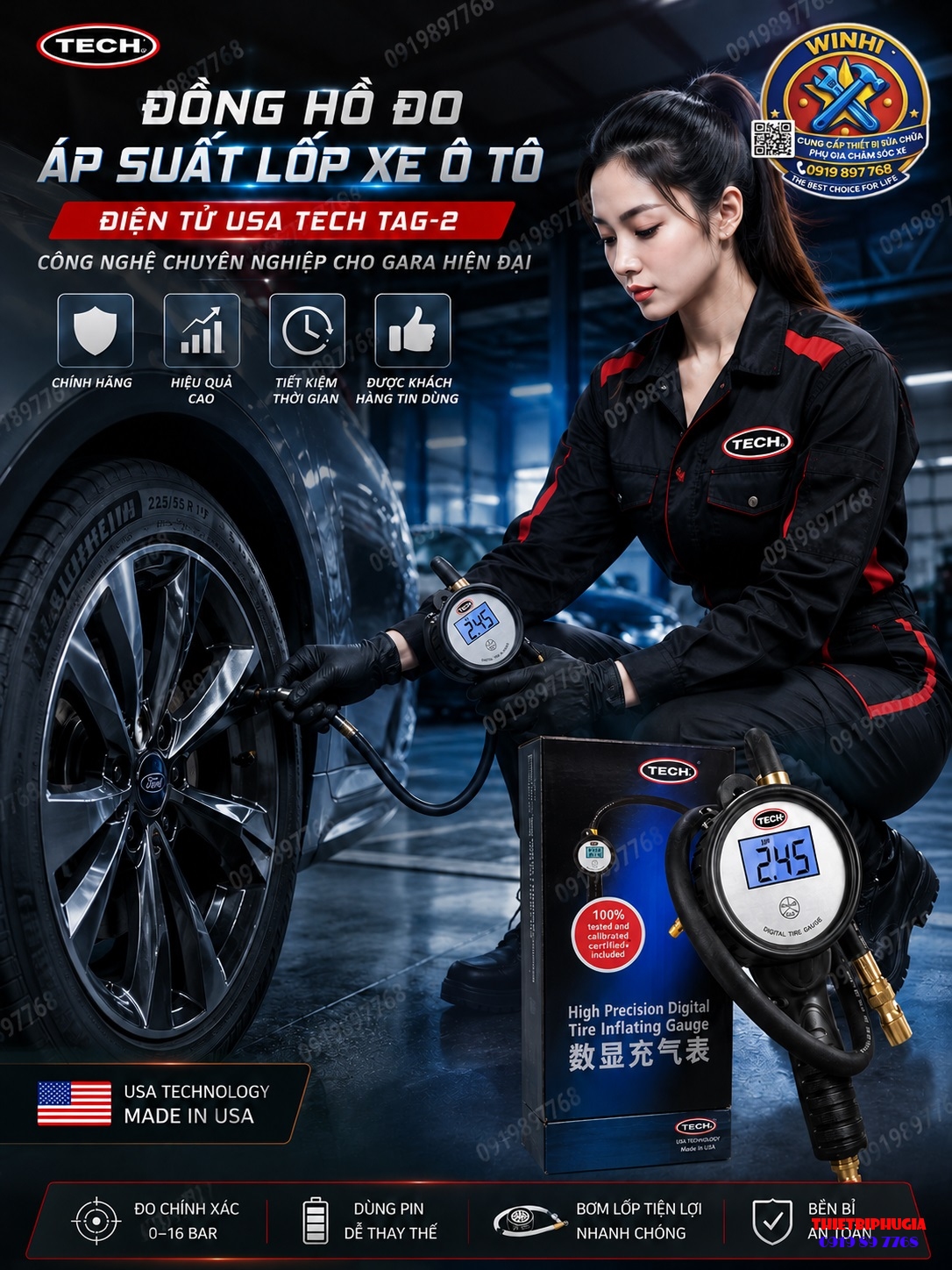 Đồng Hồ Đo Áp Suất Lốp Xe Ô Tô Điện Tử USA TECH TAG 2 WWINHI