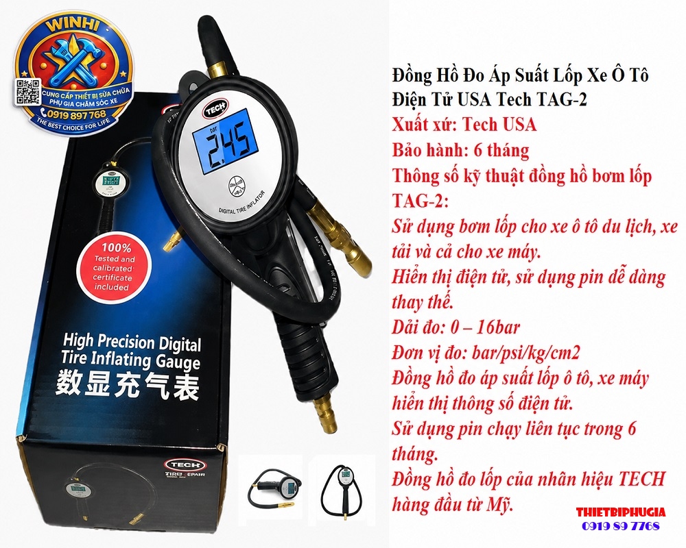 Đồng Hồ Đo Áp Suất Lốp Xe Ô Tô Điện Tử USA TECH TAG 2