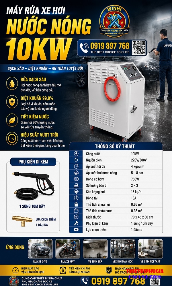 May rua xe hoi nuoc nong 10kw tbpg